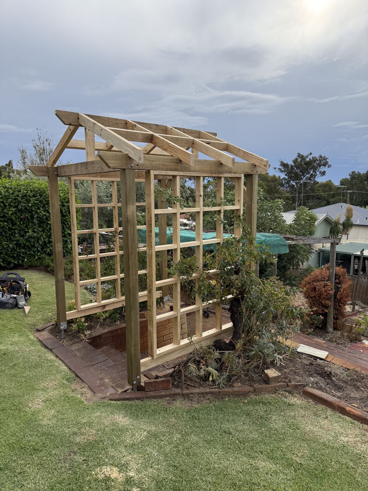 Custom timber pergola with trellis built in a backyard